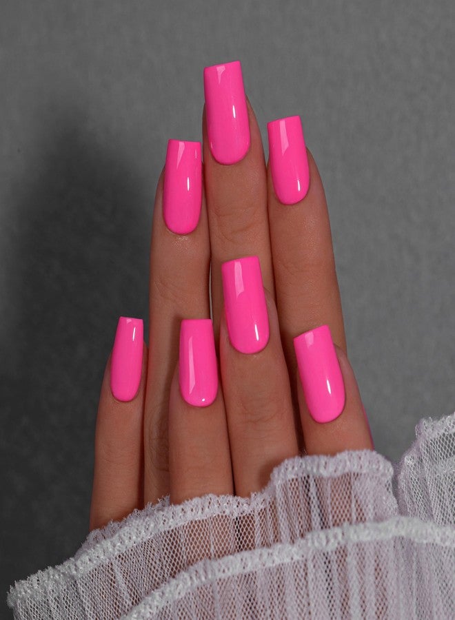 KQueenest Hot Pink Press On Nails Medium Square - Acrylic Press On Nails Short Coffin, Sheer Bright Neon Pink Fake Nails with Glue, Vibrant Opaque, Reusable Soft Gel Glue on Nails for Women, 28 Pcs - Image 2